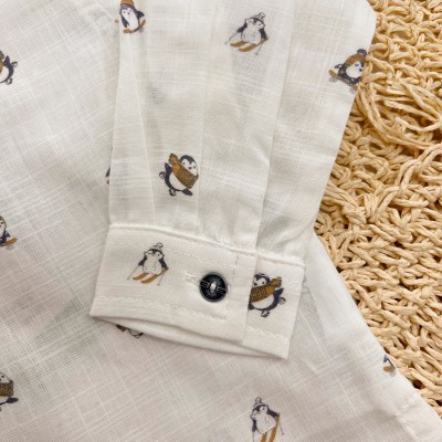 Conj. Camisa Manga Longa Pinguins e Calça em Sarja - Off White e Ferrugem